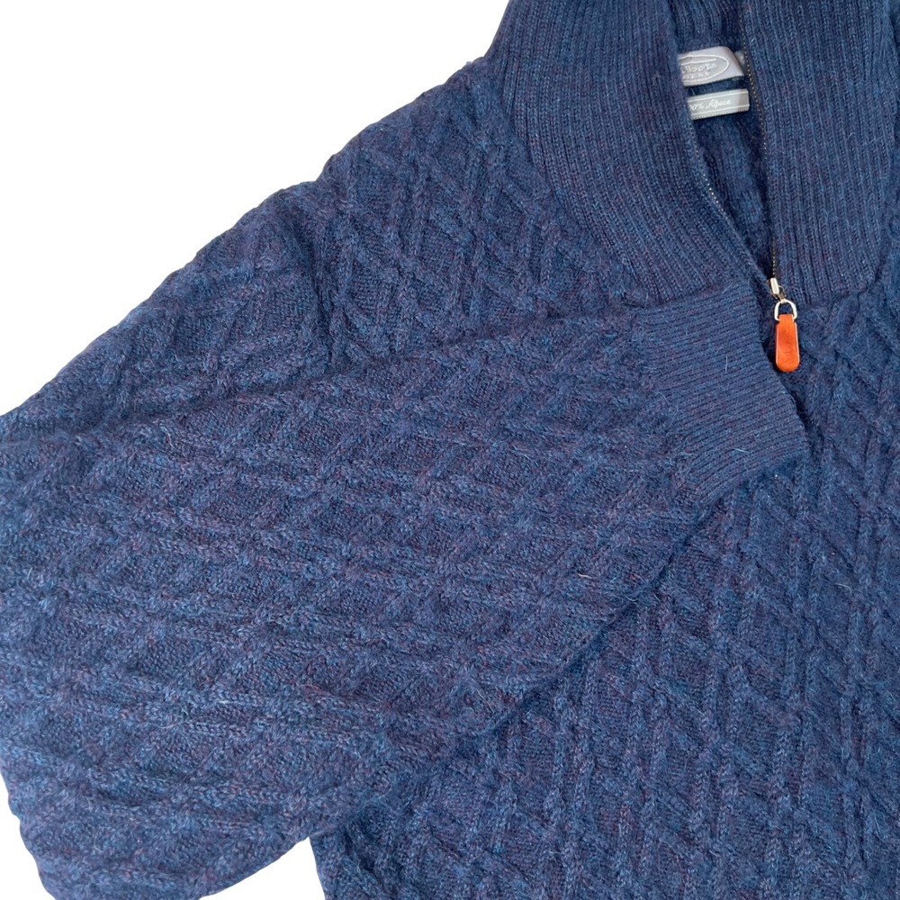 Talbots Mens 100% Alpaca Wool Quarter Zip Sweater Navy Blue Diamond Cable Knit